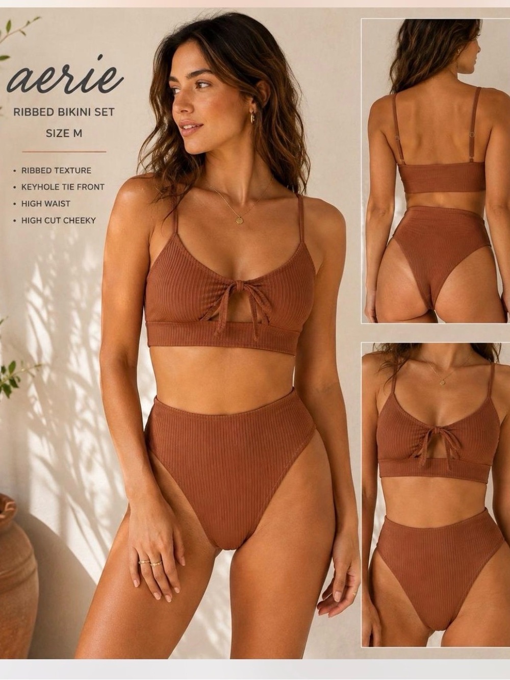 aerie Ribbed High-Waist Bikini Set — Chestnut Brown